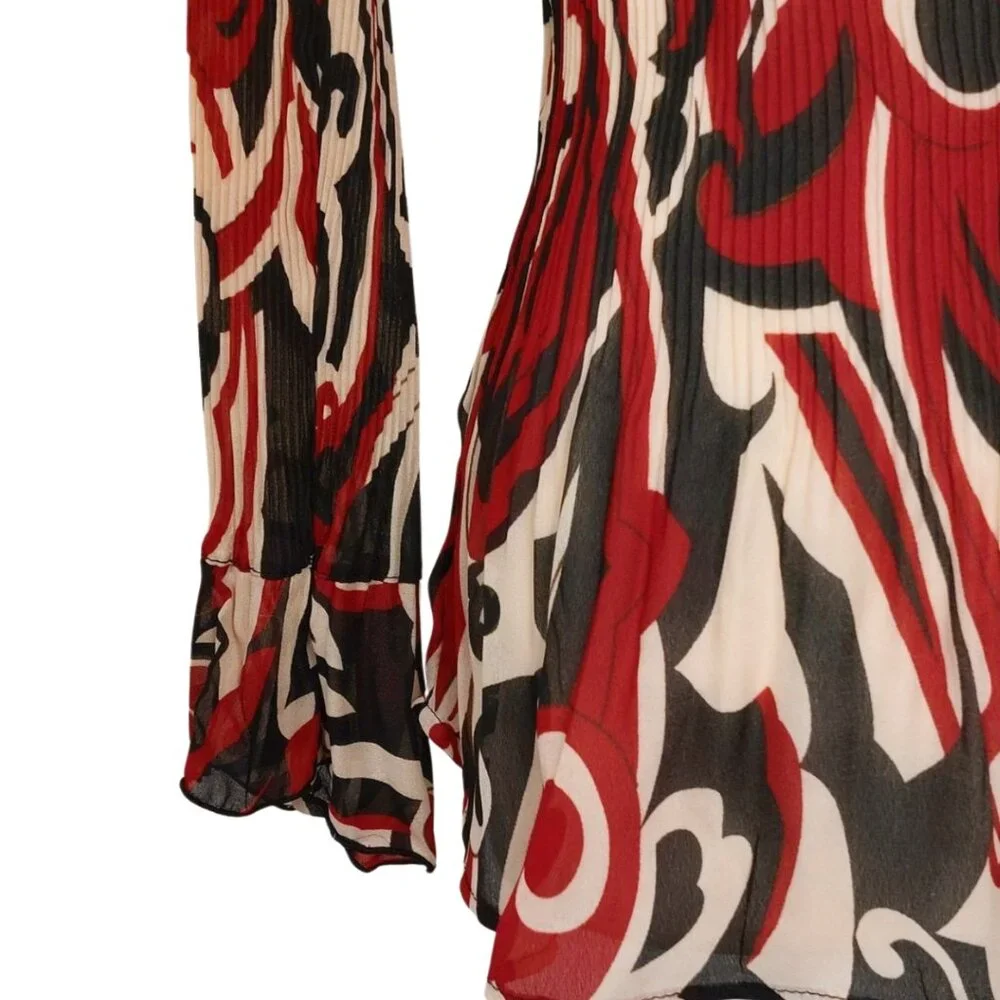 Vintage Y2K 90s Sere Nade Abstract Red Design Long Sleeve Plisse Blouse Medium - Picture 5 of 6